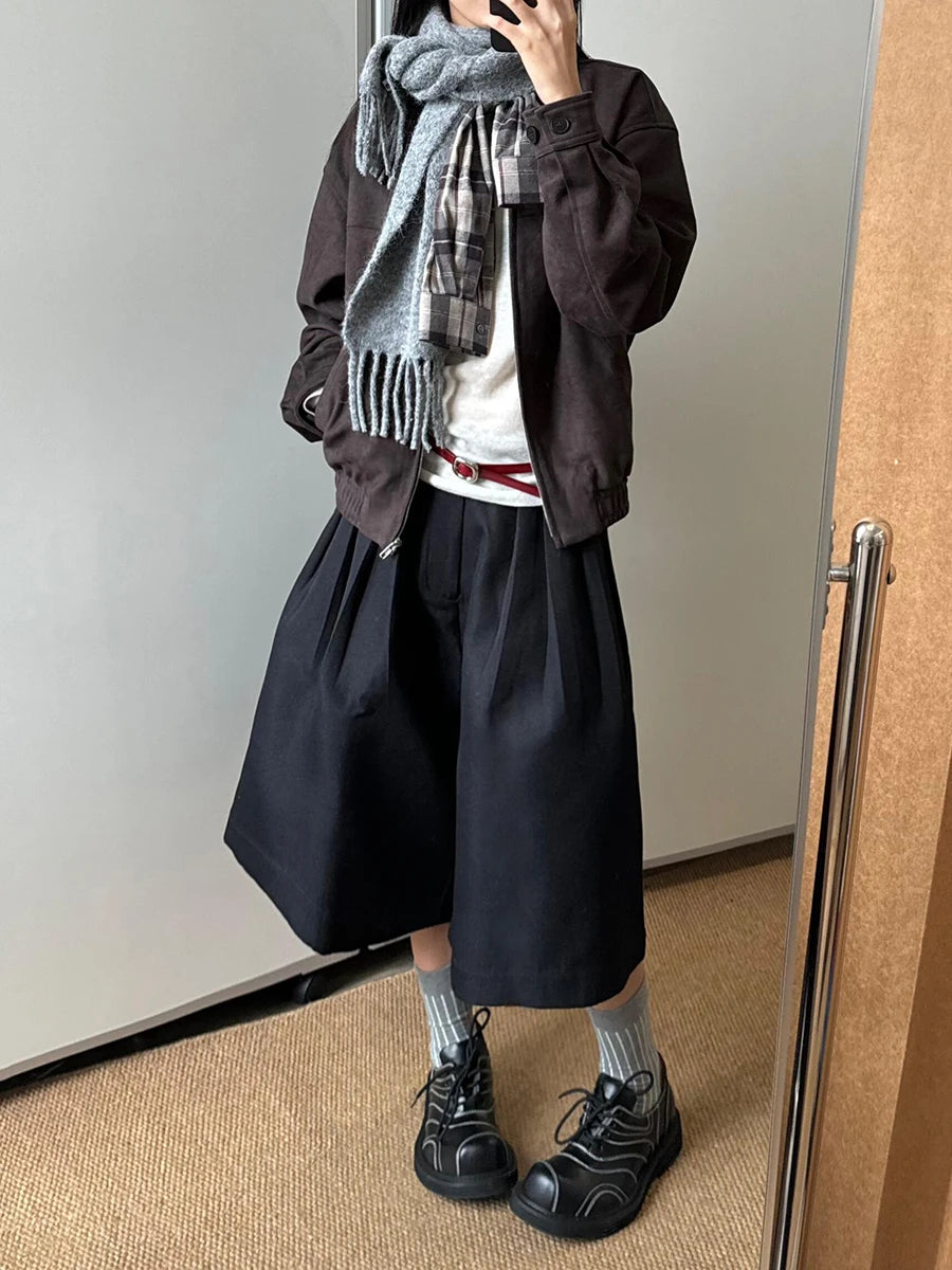 ReddaChic Solid Black Extra Wide Pants Women Bloomers Street Style High Waist Pleated Casual Jorts Shorts Unisex Everyday Wear