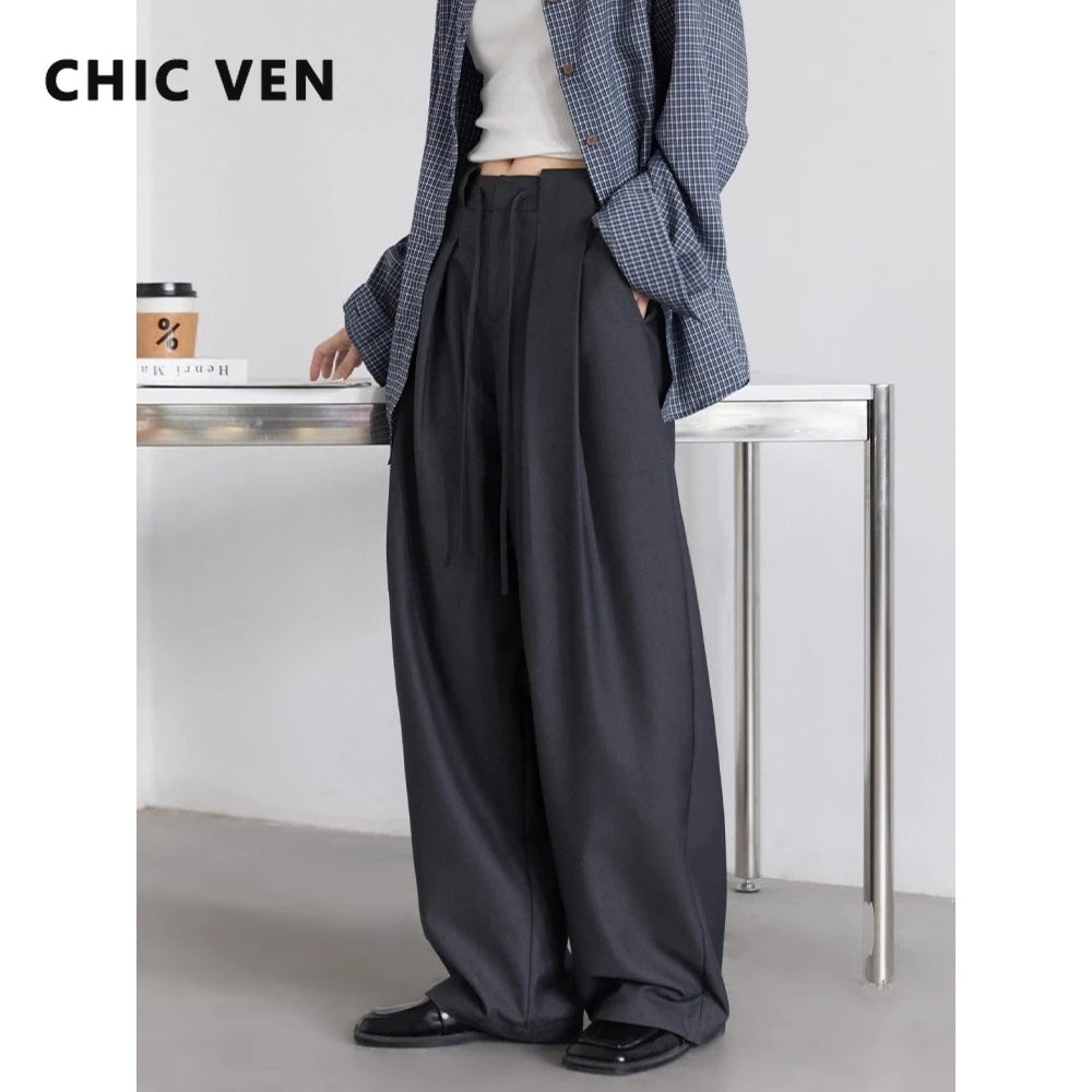 CHIC VEN Women Pants Solid Loose Casual Wide Leg Pant Drawstring Pleated Female Suit Trousers Office Ladies Sping Autumn 2026