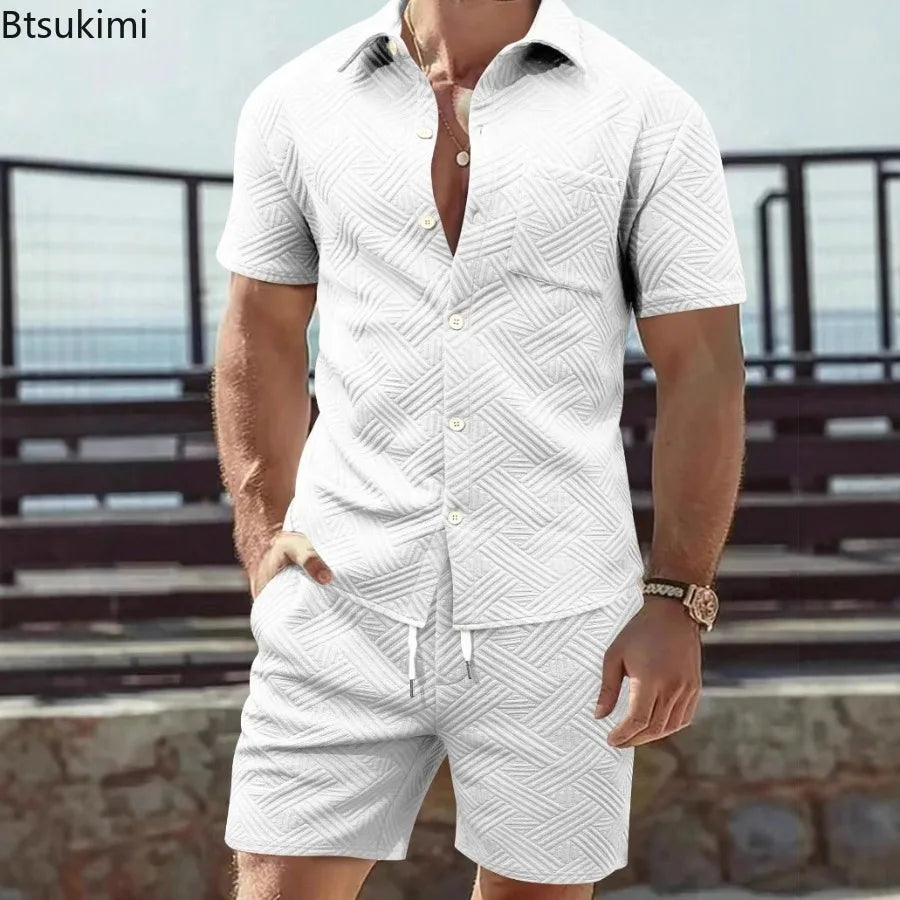 2026 New Men's Fashion Geometric Textured Two Piece Set Summer Solid Color Short Sleeve Button Down Shirt Casual Shorts Suits