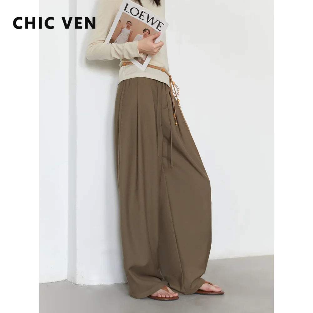 CHIC VEN Women Pants Solid Loose Casual Wide Leg Pant Drawstring Pleated Female Suit Trousers Office Ladies Sping Autumn 2026