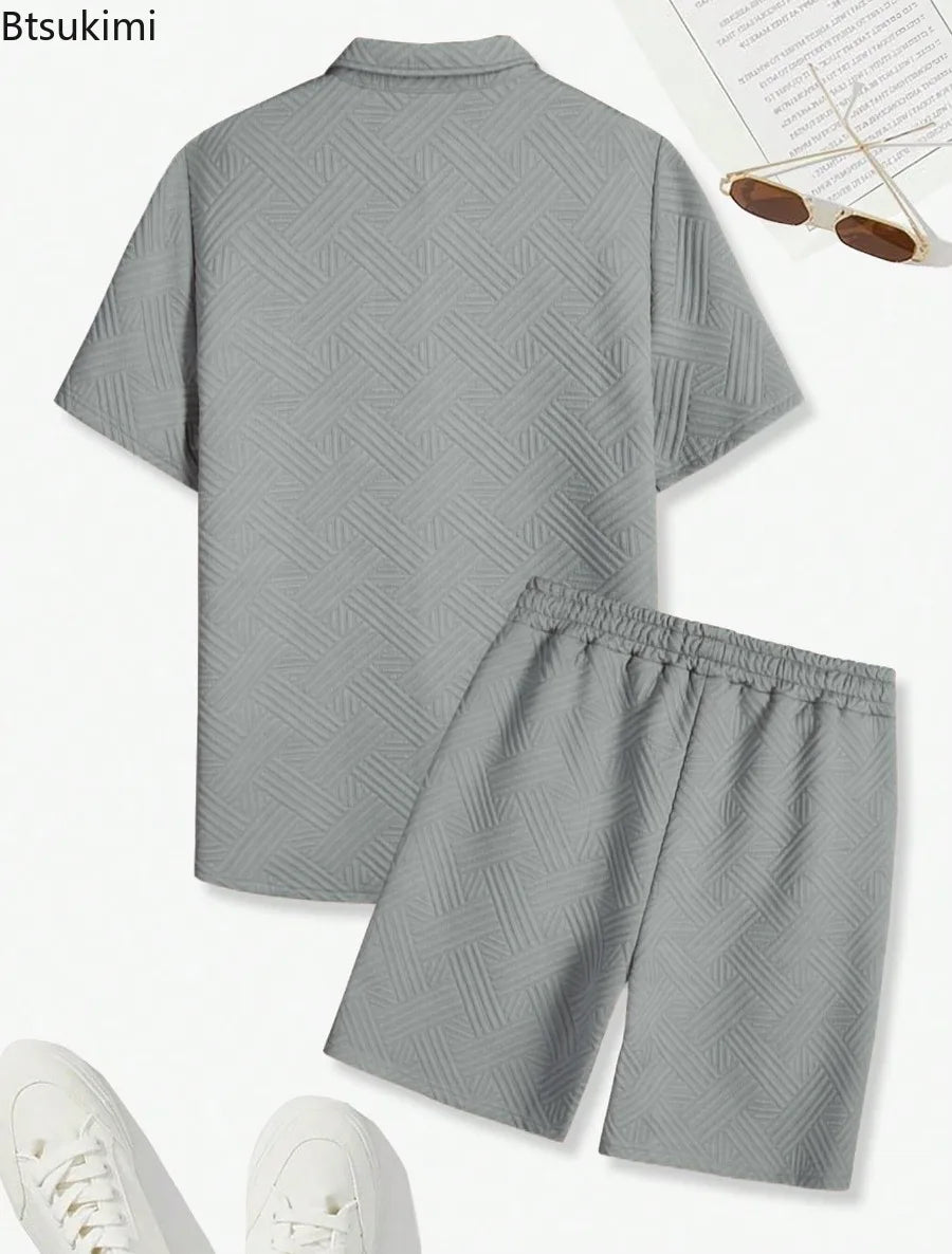 2026 New Men's Fashion Geometric Textured Two Piece Set Summer Solid Color Short Sleeve Button Down Shirt Casual Shorts Suits