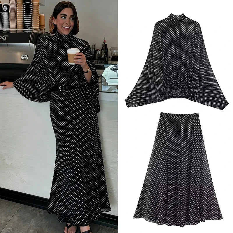 Polka Dot Printed Midi Skirts Two Piece Sets for Women Summer Chic Bow Tied Blouse Top Suits Woman 2 Piece Outfits