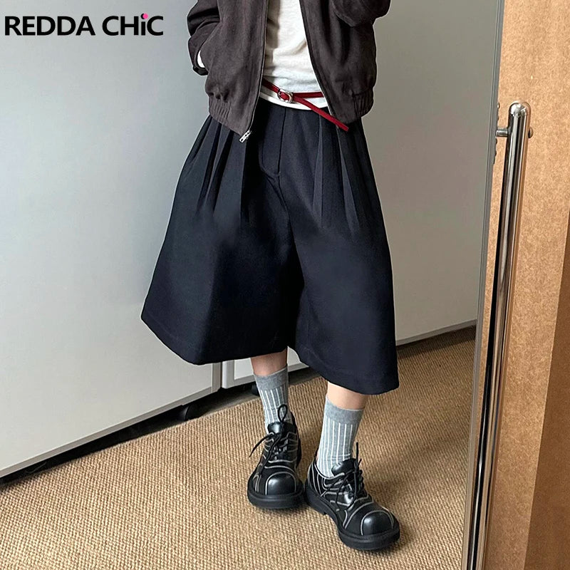 ReddaChic Solid Black Extra Wide Pants Women Bloomers Street Style High Waist Pleated Casual Jorts Shorts Unisex Everyday Wear