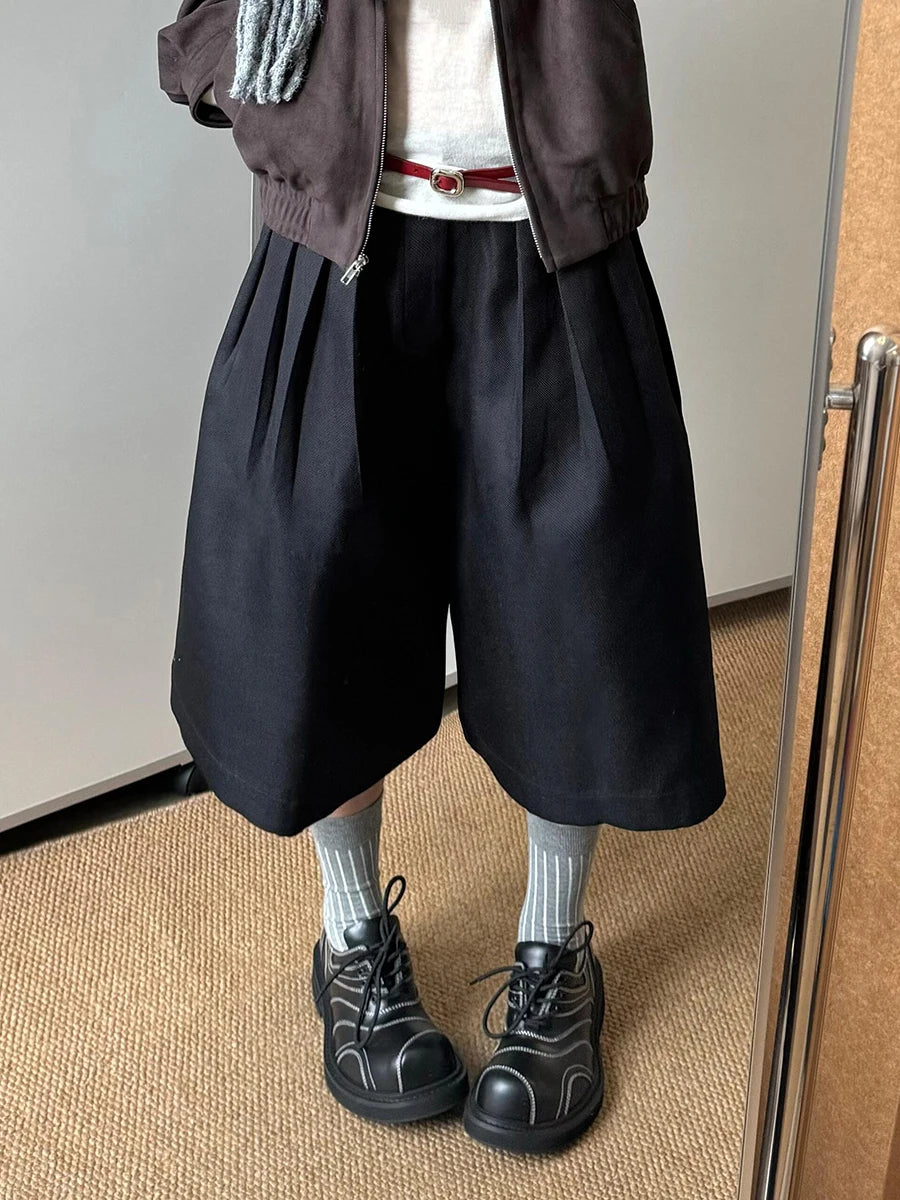 ReddaChic Solid Black Extra Wide Pants Women Bloomers Street Style High Waist Pleated Casual Jorts Shorts Unisex Everyday Wear