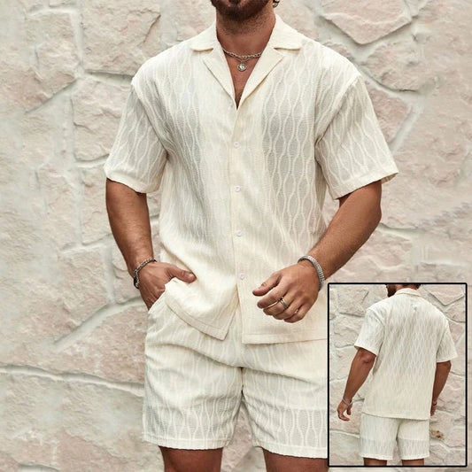 Men's Knitted Short Sleeve Shirt Shorts Set Geometric Pattern Turn-down Collar Breathable Summer Casual Wear Front Polyester
