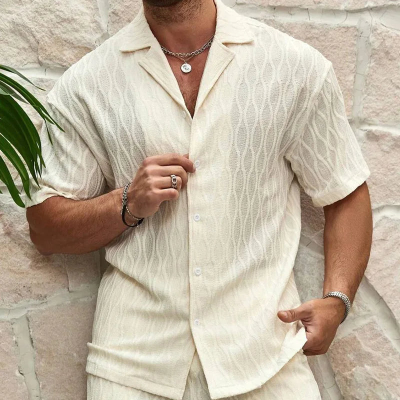 Men's Knitted Short Sleeve Shirt Shorts Set Geometric Pattern Turn-down Collar Breathable Summer Casual Wear Front Polyester