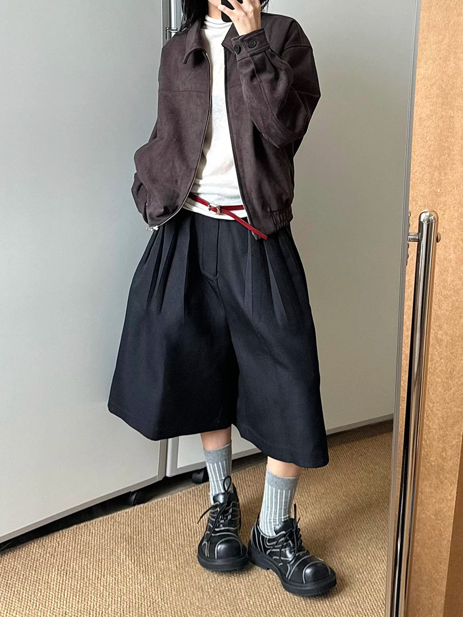 ReddaChic Solid Black Extra Wide Pants Women Bloomers Street Style High Waist Pleated Casual Jorts Shorts Unisex Everyday Wear