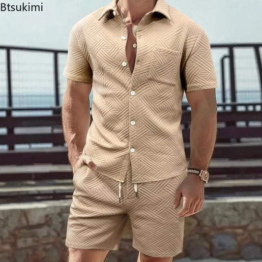 2026 New Men's Fashion Geometric Textured Two Piece Set Summer Solid Color Short Sleeve Button Down Shirt Casual Shorts Suits