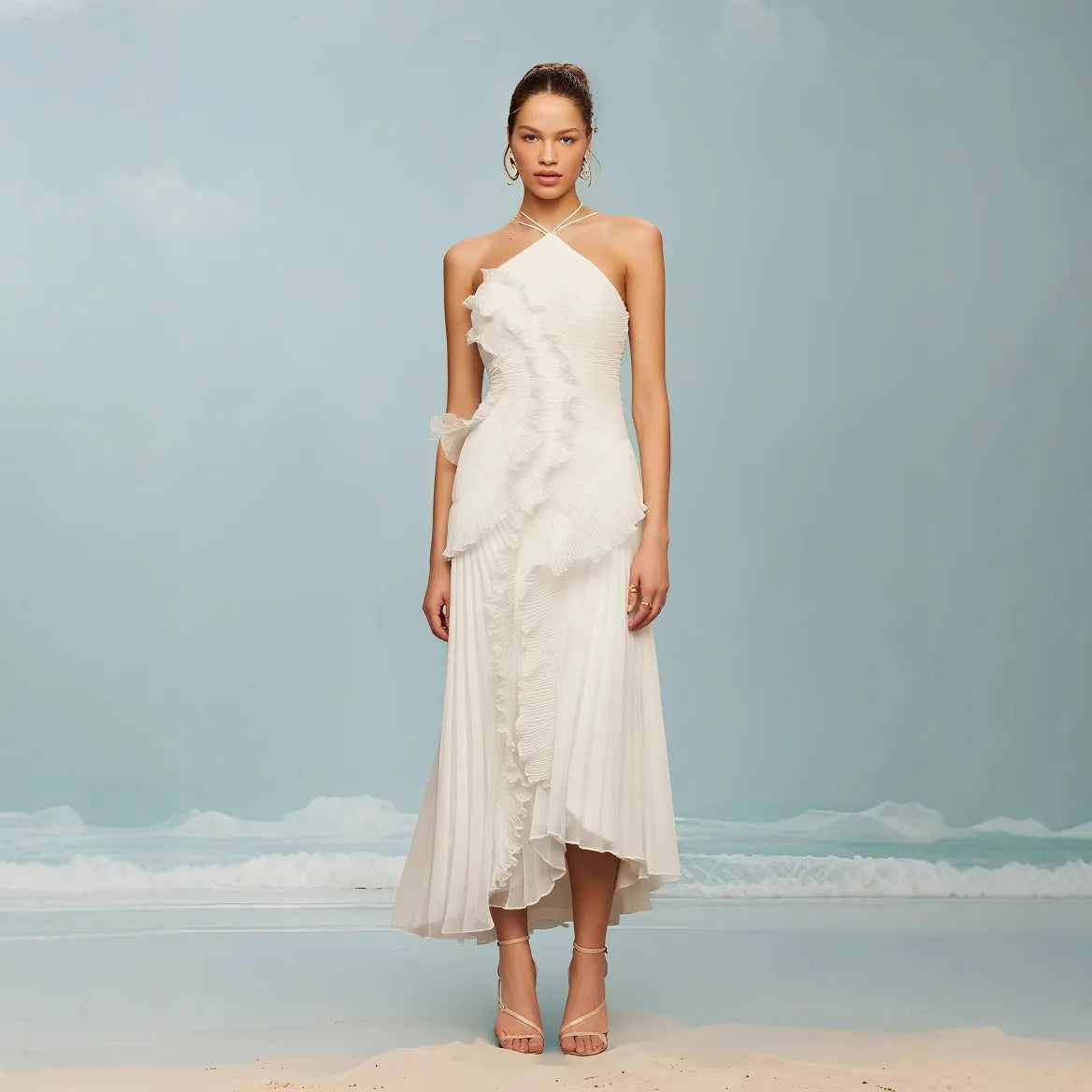 Women's summer high-end halter sleeveless irregular lace slit dress