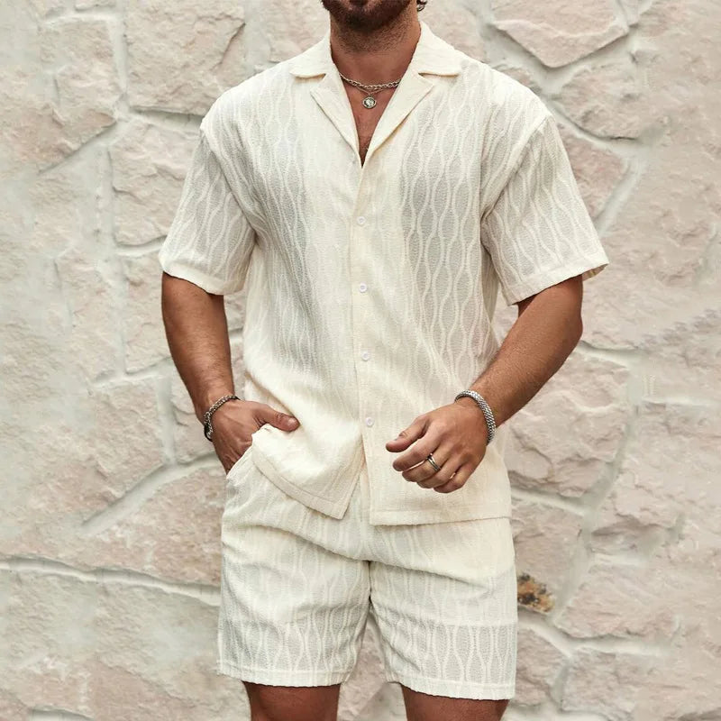 Men's Knitted Short Sleeve Shirt Shorts Set Geometric Pattern Turn-down Collar Breathable Summer Casual Wear Front Polyester