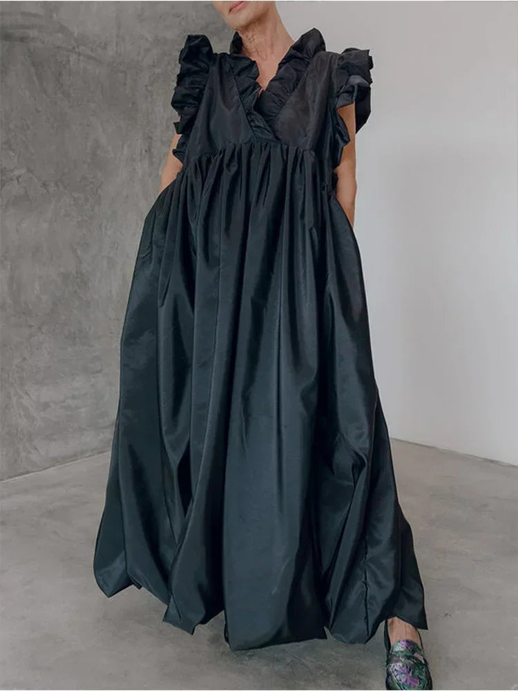 Elegant Women's Pleated Dress A-line Loose Ruffle Sleeveless Summer Casual Vintage Fashion V-Neck Summer Dress for Female
