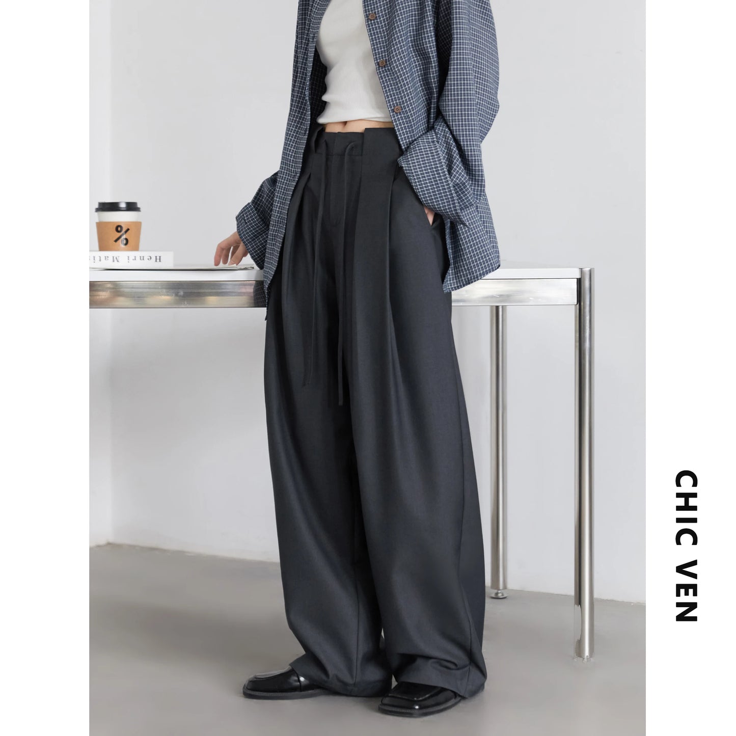CHIC VEN Women Pants Solid Loose Casual Wide Leg Pant Drawstring Pleated Female Suit Trousers Office Ladies Sping Autumn 2026