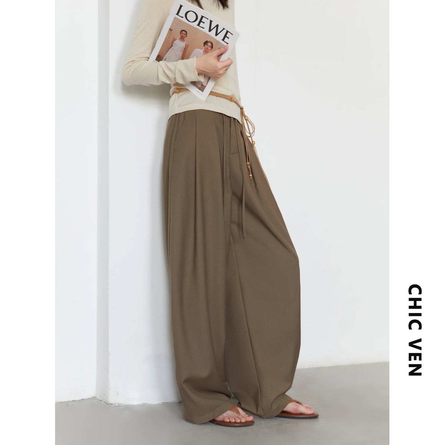 CHIC VEN Women Pants Solid Loose Casual Wide Leg Pant Drawstring Pleated Female Suit Trousers Office Ladies Sping Autumn 2026